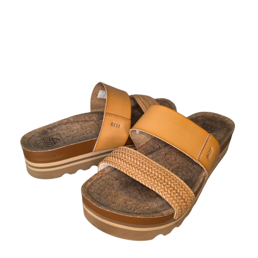 Reef Cushion Vista Hi Womens 8 Beige Braided Double Strap Platform Slide Sandals